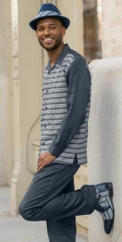 Montique Men's 2 Piece Long Sleeve Walking Suit - Styled Stripes -Empire Shop 2112 navy