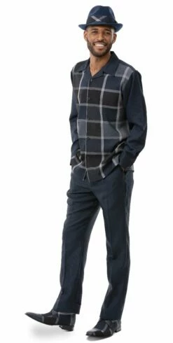 Montique Men's 2 Piece Long Sleeve Walking Suit - Bold Windowpane -Empire Shop 2126 navy
