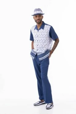 Montique Men's 2 Piece Short Sleeve Walking Suit - Diamond Stripes -Empire Shop 2303 navy 2503