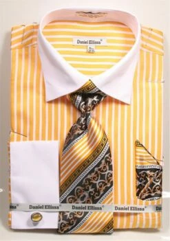 Daniel Ellissa Men's French Cuff Shirt Set - Two Tone Stripe 9 Daniel Ellissa Men's French Cuff Shirt Set - Two Tone Stripe -Empire Shop 3787 mustard