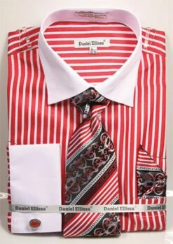 Daniel Ellissa Men's French Cuff Shirt Set - Two Tone Stripe 11 Daniel Ellissa Men's French Cuff Shirt Set - Two Tone Stripe -Empire Shop 3787 red