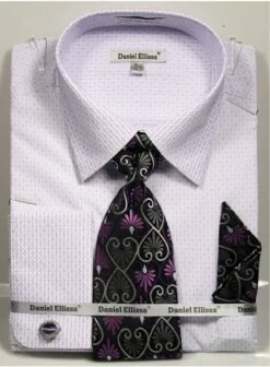 Daniel Ellissa Men's French Cuff Shirt Set - Stylish Mini Pattern -Empire Shop 3792 purple