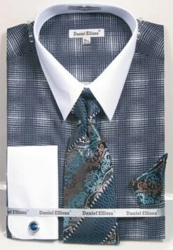 Daniel Ellissa Men's French Cuff Shirt Set - Silk Print -Empire Shop 3796 navy