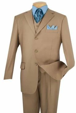 Vinci Men's 3 Piece Solid Executive Suit - Many Colors Available -Empire Shop 3tr 3 khaki 3