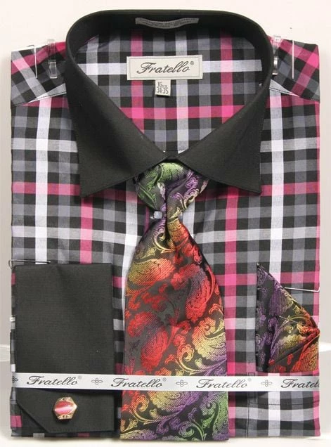 Fratello Men's French Cuff Dress Shirt Set - Vibrant Checker 3 Fratello Men's French Cuff Dress Shirt Set - Vibrant Checker