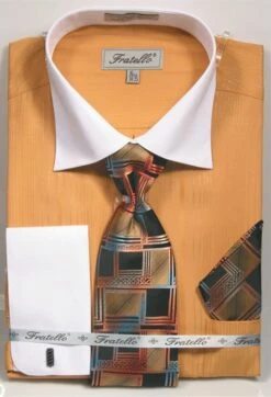 Fratello Men's French Cuff Dress Shirt Set - Textured Two Tone -Empire Shop 4140 tan