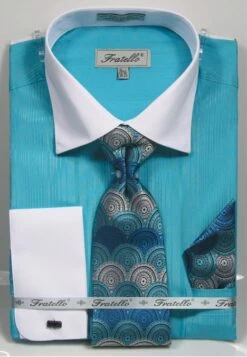 Fratello Men's French Cuff Dress Shirt Set - Textured Two Tone -Empire Shop 4140 turq