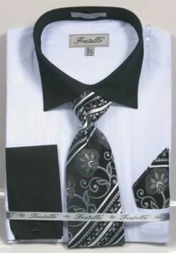 Fratello Men's French Cuff Dress Shirt Set - Textured Two Tone -Empire Shop 4140 white