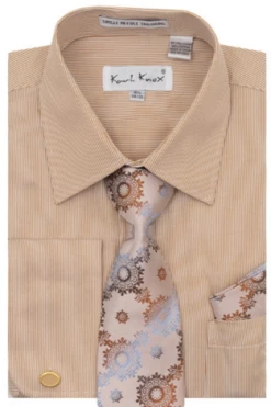 Karl Knox Men's French Cuff Shirt Set - Thin Stripes -Empire Shop 4476 tan