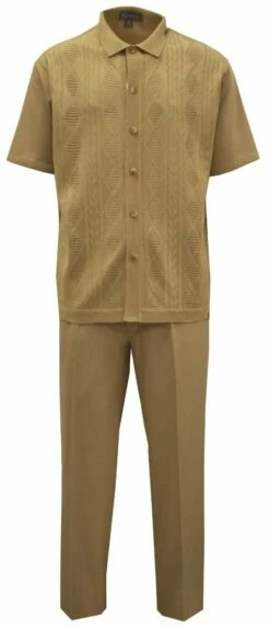 Silversilk Men's 2 Piece Short Sleeve Walking Suit - Textured Diamonds -Empire Shop 51016 khaki f1