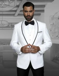 Statement Men's 3 Piece 100% Wool Tuxedo - Accented Shawl Collar 8 Statement Men's 3 Piece 100% Wool Tuxedo - Accented Shawl Collar -Empire Shop 57472 genova white
