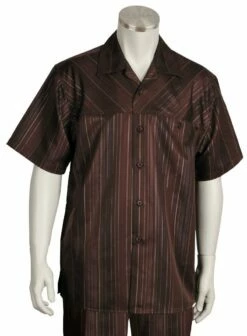 Canto Men's 2 Piece Short Sleeve Walking Suit - Yoke Stripe -Empire Shop 6102 01 brown 2 1