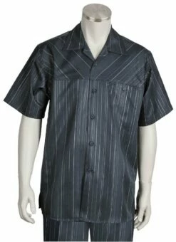 Canto Men's 2 Piece Short Sleeve Walking Suit - Yoke Stripe -Empire Shop 6102 04 charcoal 1