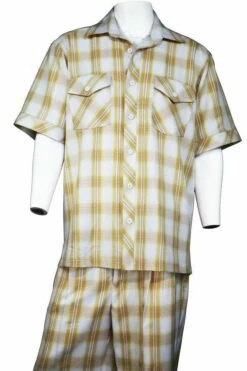 Canto Men's 2 Piece Short Sleeve Walking Suit - Fashion Windowpane -Empire Shop 6107 honey