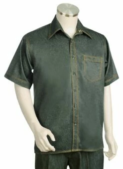 Canto Men's 2 Piece Short Sleeve Walking Suit - Shiny Solid -Empire Shop 684 01 olive 2 1