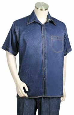 Canto Men's 2 Piece Short Sleeve Walking Suit - Shiny Solid -Empire Shop 684 03 denimblue 1