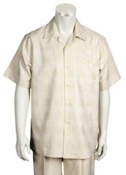 Canto Men's 2 Piece Short Sleeve Walking Suit - Cross Weave -Empire Shop 690 02 taupe 1