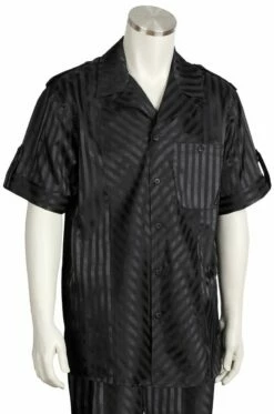 Canto Men's 2 Piece Short Sleeve Walking Suit - Shiny Stripe -Empire Shop 695 01 black 2 1