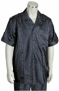 Canto Men's 2 Piece Short Sleeve Walking Suit - Shiny Stripe -Empire Shop 695 04 charcoal 1