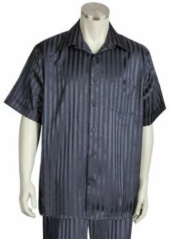 Canto Men's 2 Piece Short Sleeve Walking Suit - Shiny Stripes -Empire Shop 696 03 charcoal 1
