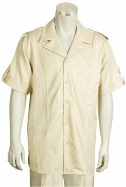 Canto Men's 2 Piece Short Sleeve Walking Suit - Buttoned Accents -Empire Shop 697 02 taupe 1