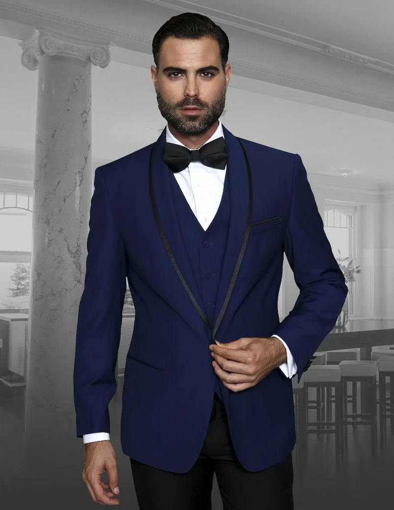 Statement Men's 3 Piece 100% Wool Tuxedo - Accented Shawl Collar 3 Statement Men's 3 Piece 100% Wool Tuxedo - Accented Shawl Collar