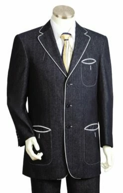 Canto Men's 2 Piece Denim Suit - Satin Trim With Notch Lapel