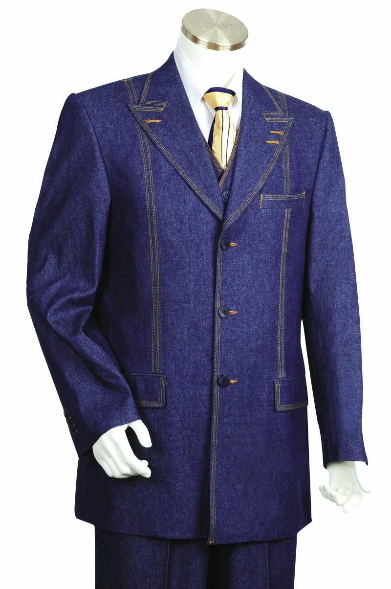 Canto Men's 3 Piece Denim Suit - Stitched Accents Urban Jeans 3 Canto Men's 3 Piece Denim Suit - Stitched Accents Urban Jeans