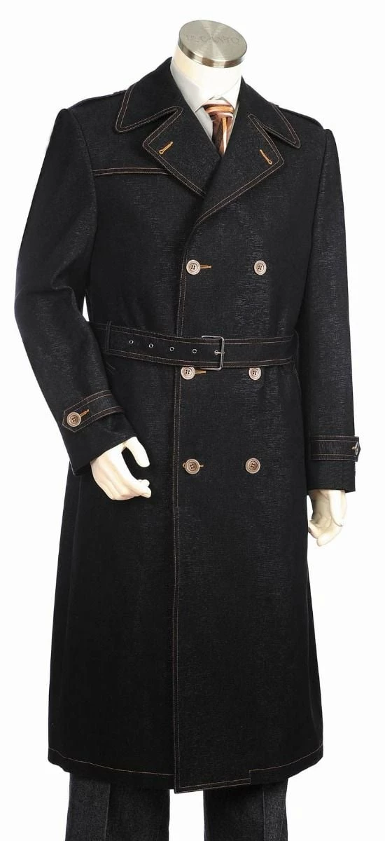 Canto Men's Denim Coat - Belted Full Length 6 Button Coat 3 Canto Men's Denim Coat - Belted Full Length 6 Button Coat