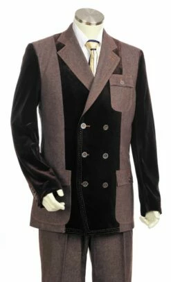 Canto Men's 3 Piece Double Breasted Denim Suit - Velvet Trim