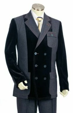 Canto Men's 3 Piece Double Breasted Denim Suit - Velvet Trim -Empire Shop 8350bl