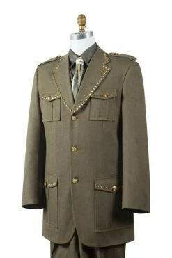 Canto Men's 2pc Cotton Denim Fashion Suit - Gold Buttons -Empire Shop 8389 olive