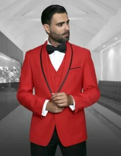 Statement Men's 3 Piece 100% Wool Tuxedo - Accented Shawl Collar 9 Statement Men's 3 Piece 100% Wool Tuxedo - Accented Shawl Collar -Empire Shop 84573 genova red
