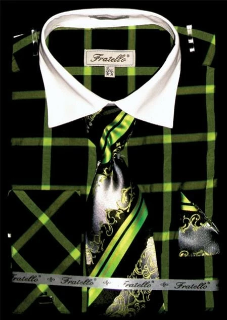 Fratello Men's French Cuff Dress Shirt Set - Dramatic Windowpane 6 Fratello Men's French Cuff Dress Shirt Set - Dramatic Windowpane - Image 4