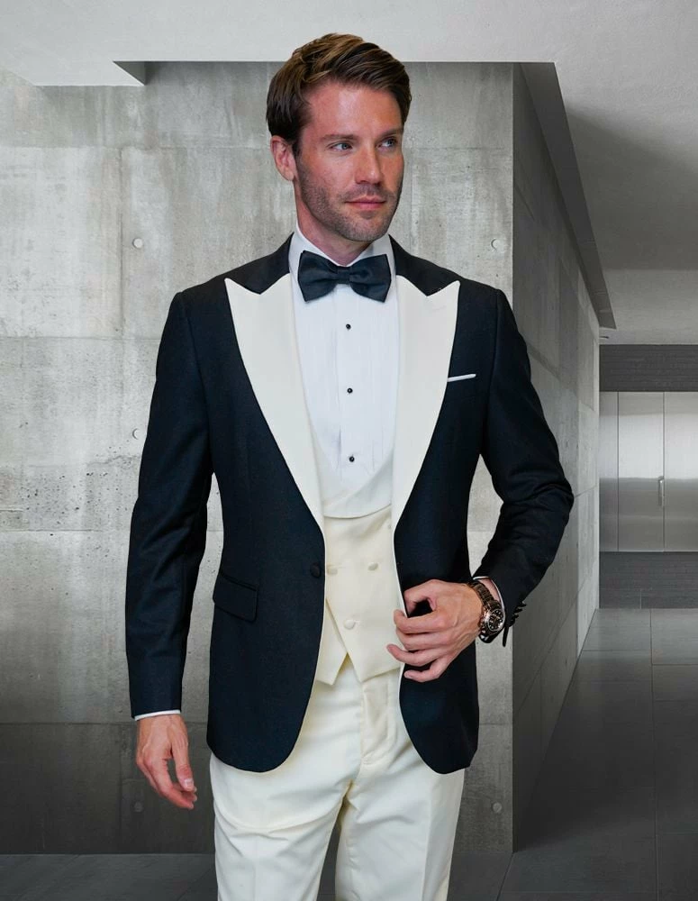 Statement Men's 3 Piece Wool Tuxedo - Two Tone Lapel 6 Statement Men's 3 Piece Wool Tuxedo - Two Tone Lapel - Image 4
