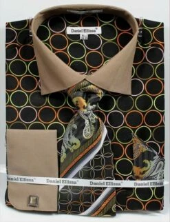 Daniel Ellissa Men's French Cuff Dress Shirt Set - Printed Circles -Empire Shop bk brown 3784