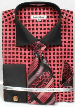 Daniel Ellissa Men's French Cuff Shirt Set - Patterned Two Tone -Empire Shop bk coral 3782