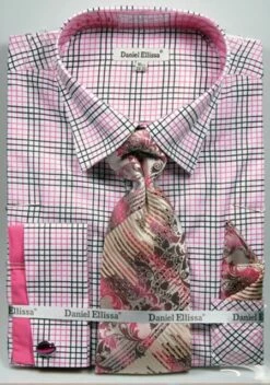 Daniel Ellissa Men's French Cuff Dress Shirt Set - Graph Checker -Empire Shop bk fuchsia 3781
