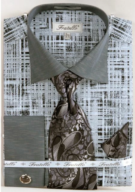 Fratello Men's French Cuff Dress Shirt Set - Tone On Tone 7 Fratello Men's French Cuff Dress Shirt Set - Tone On Tone - Image 5