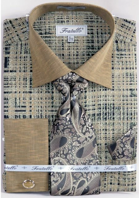 Fratello Men's French Cuff Dress Shirt Set - Tone On Tone 4 Fratello Men's French Cuff Dress Shirt Set - Tone On Tone - Image 2