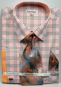 Daniel Ellissa Men's French Cuff Dress Shirt Set - Graph Checker -Empire Shop bk orange 3781