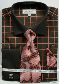 Fratello Men's French Cuff Dress Shirt Set - Check Pattern -Empire Shop bk orange 4132