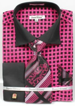 Daniel Ellissa Men's French Cuff Shirt Set - Patterned Two Tone -Empire Shop bk fuchsia 3782
