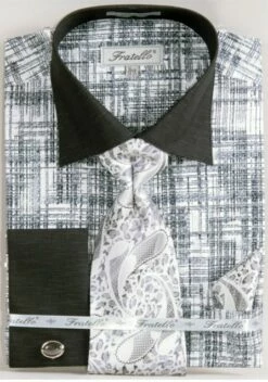 Fratello Men's French Cuff Dress Shirt Set - Tone On Tone 10 Fratello Men's French Cuff Dress Shirt Set - Tone On Tone -Empire Shop bk white