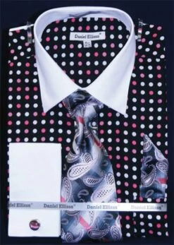 Daniel Ellissa Men's French Cuff Dress Shirt Set - Multi Polka Dot -Empire Shop black fuchsia 1