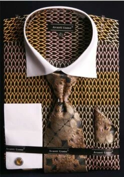 Avanti Uomo Men's French Cuff Dress Shirt Set - Two Tone Print -Empire Shop black gold 1