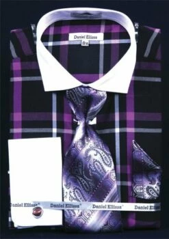 Daniel Ellissa French Cuff Shirt Set - Tonal Windowpane -Empire Shop black purple