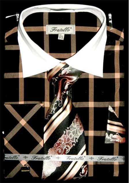 Fratello Men's French Cuff Dress Shirt Set - Dramatic Windowpane 8 Fratello Men's French Cuff Dress Shirt Set - Dramatic Windowpane - Image 6