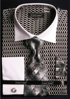 Avanti Uomo Men's French Cuff Dress Shirt Set - Two Tone Print -Empire Shop black white 3 1