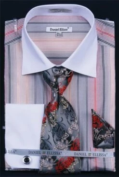 Daniel Ellissa Men's French Cuff Dress Shirt Set - Multi Stripe -Empire Shop black 10 1